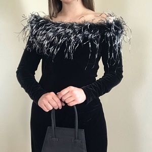 Vintage 80s 90s off the shoulder feather trim long sleeve velvet goth maxi dress